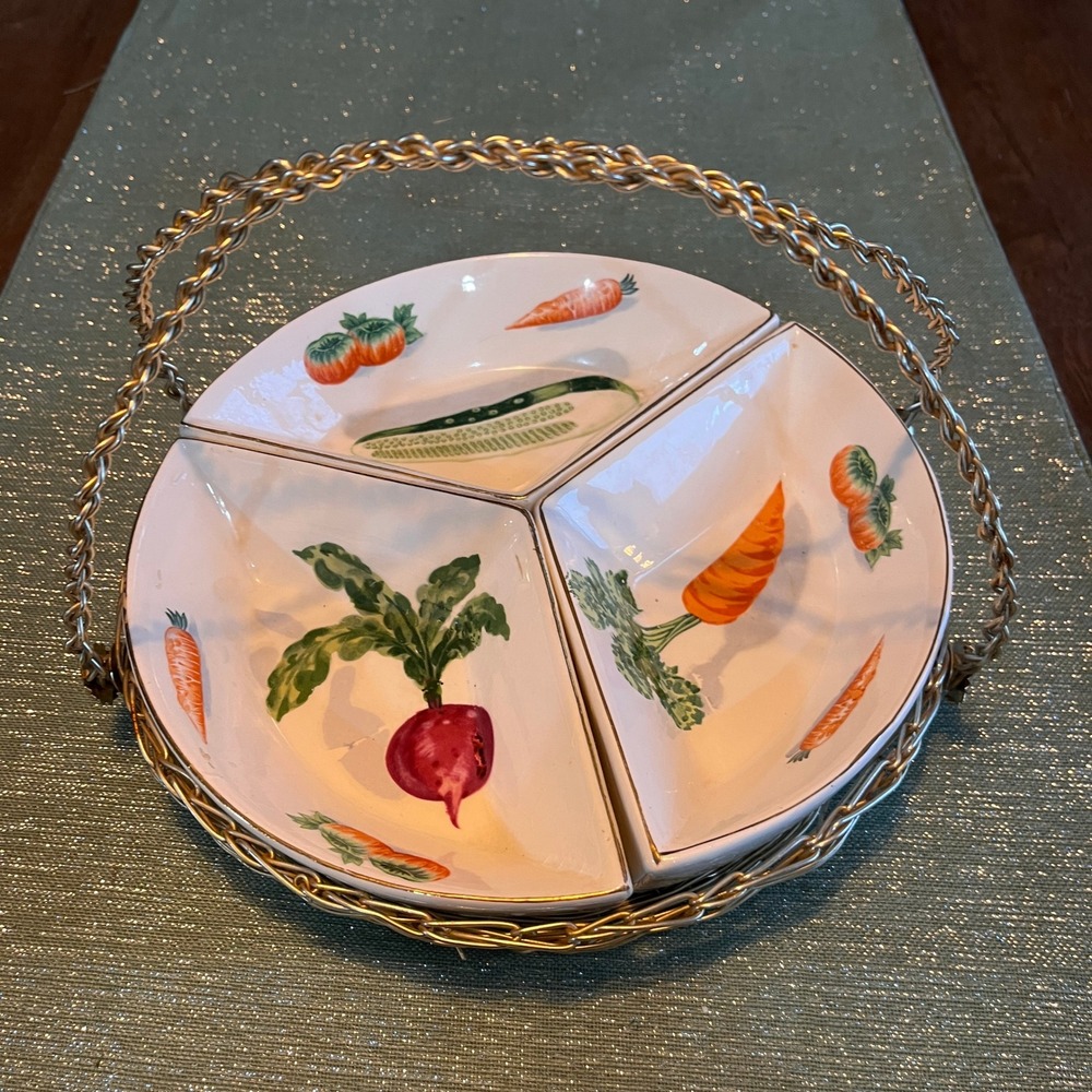 Vintage Rare Tilso Japan Vegetable Serving Dish Divided Platter w/Golden Carrier